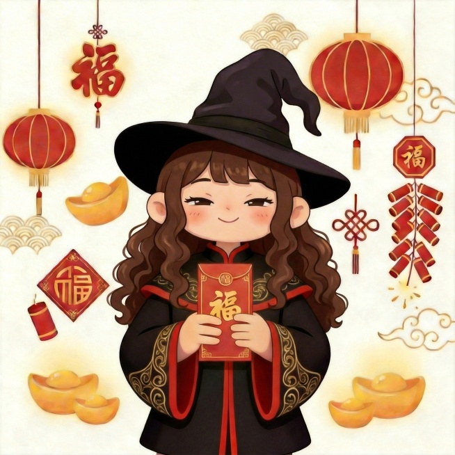 将女巫的短发改为卷长发，帽子顶部改为垂下的样式，眼睛改为眯眯眼，右手手指调整为4根预览效果