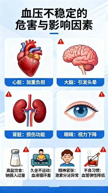 长期血压不稳定对身体影响很大，会影响心、脑、肾、眼睛这些重要部位的状态，严重影响生活质量。 想维持血压稳定，先明确影响因素。 长期高盐饮食、久坐不运动、精神紧张、不良习惯等，都可能导致血压波动。根据这预览效果