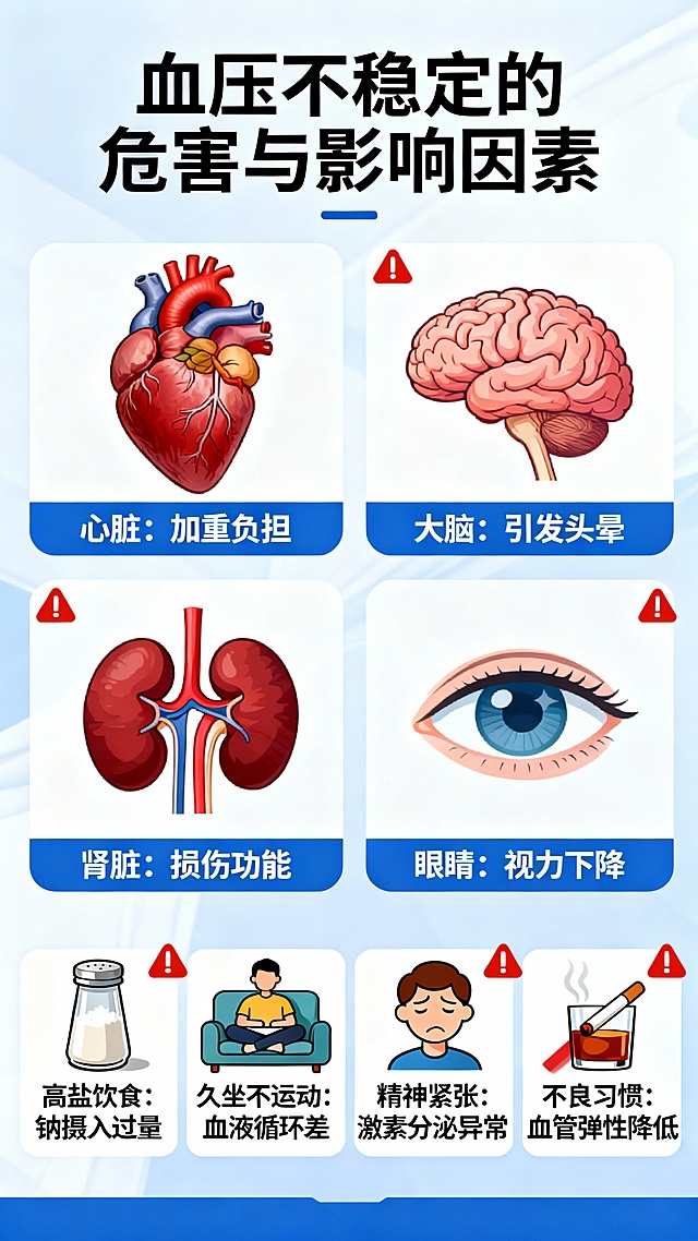 长期血压不稳定对身体影响很大，会影响心、脑、肾、眼睛这些重要部位的状态，严重影响生活质量。 想维持血压稳定，先明确影响因素。 长期高盐饮食、久坐不运动、精神紧张、不良习惯等，都可能导致血压波动。根据这段话，生成一张科普文内容图