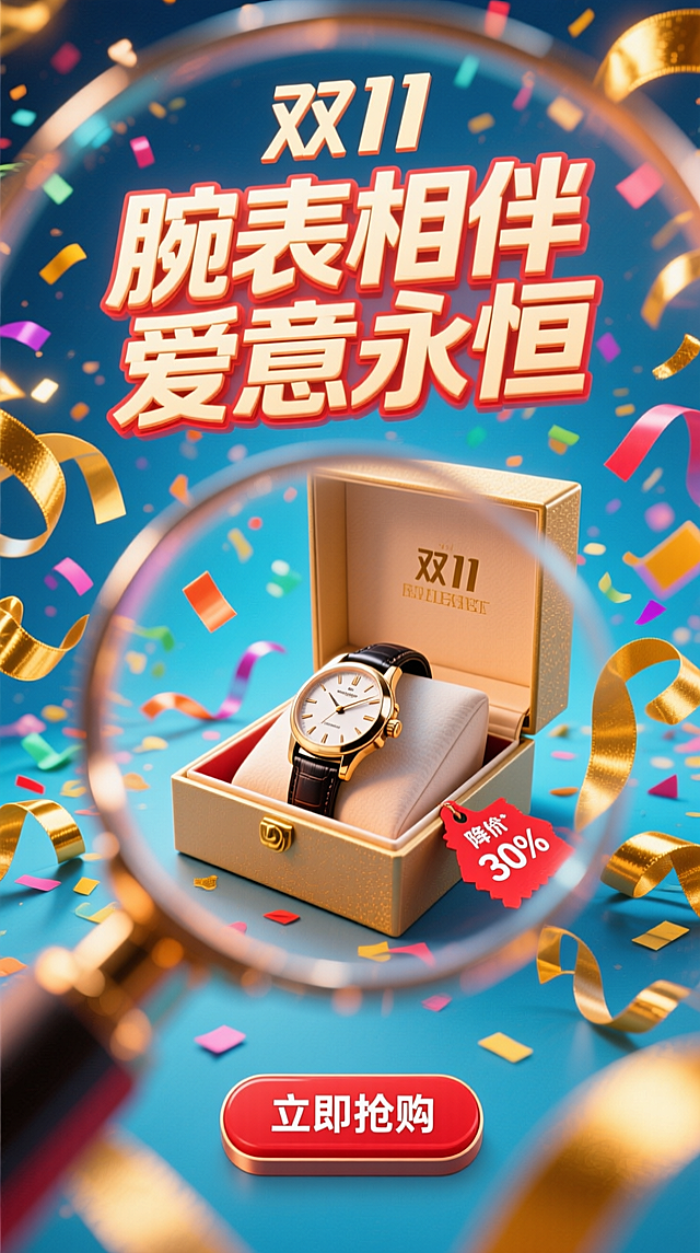 透过前景模糊的放大镜的POV视角+鱼眼构图，充满活力的双11销售海报构图。一枚优雅的手表放在打开的奢华礼盒中，周围是漂浮的彩带和金色丝带。电商风格，明亮欢快的灯光。“双11”Logo。巨大主标题“腕表相伴 爱意永恒”采用粗体、喜庆的字体。一个大的、令人无法抗拒的红色“立即抢购”按钮，（带有折扣标签降价30%）在底部。商业化，以转化为导向的设计。