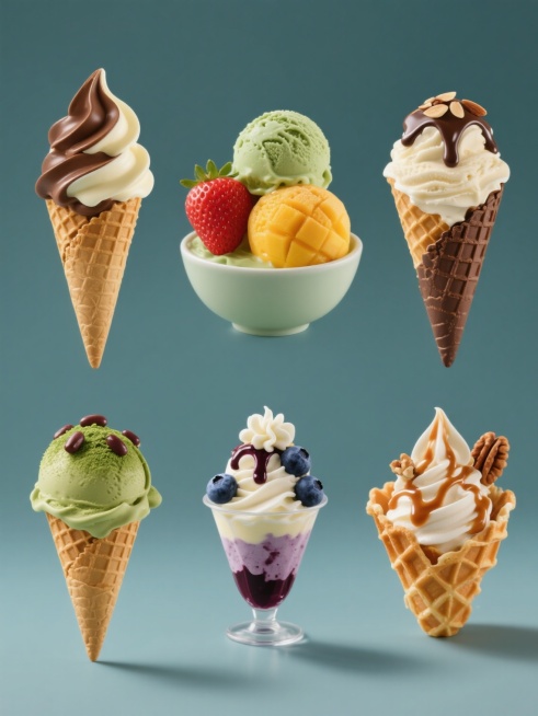 六个完全不同造型的冰激凌系列素材集合，规整排布，保持高清写实风格，纯色背景，第一个是巧克力和香草双色螺旋状奶油顶的华夫筒冰激凌，第二个是草莓和芒果双球叠加的甜筒冰激凌，第三个是抹茶口味的碗状冰激凌，上面撒有红豆和抹茶粉，第四个是巧克力脆皮甜筒，里面是香草口味的冰激凌，顶部有巧克力酱和杏仁碎，第五个是蓝莓口味的杯装圣代，有蓝莓酱和奶油花装饰，第六个是焦糖口味的华夫碗冰激凌，上面有焦糖酱和核桃碎，……预览效果