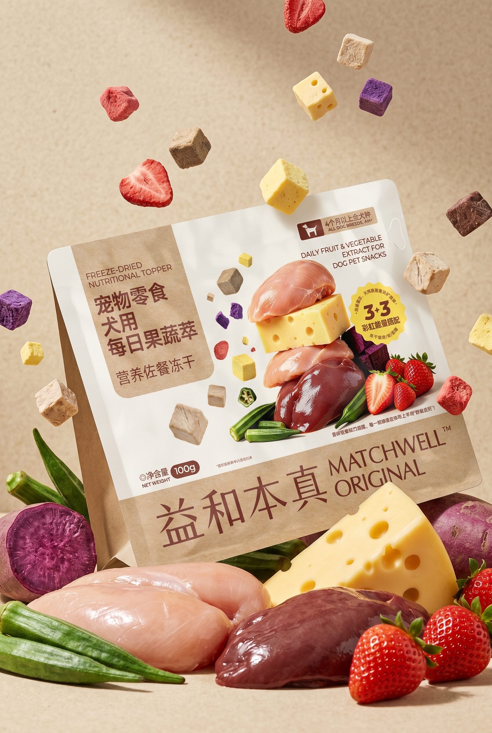 电商营销场景视觉，产品包装稍微斜着嵌在一堆果蔬食材中间，有草莓… - 图片创意预览