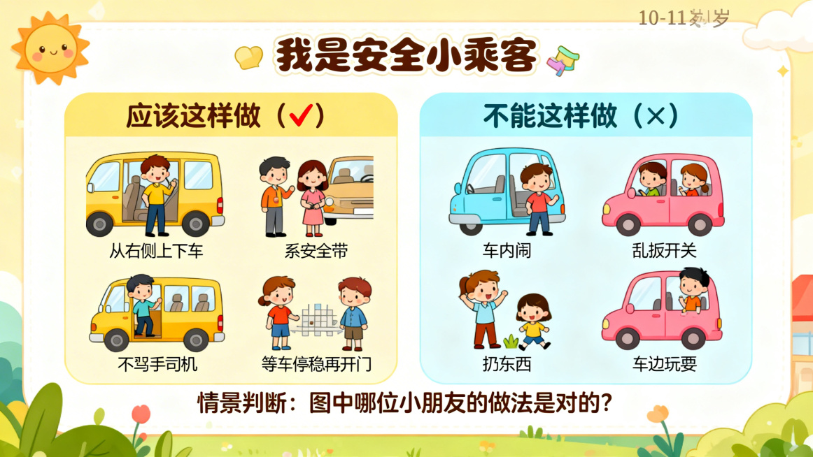 卡通风格PPT页面，主题是我是安全小乘客，分为应该这样做（打对勾）和不能这样做（打叉）两个板块。正确行为包括从右侧上下车、系安全带、不伸手出头、不干扰司机、等车停稳再开门；错误行为包括车内打闹、乱扳开预览效果