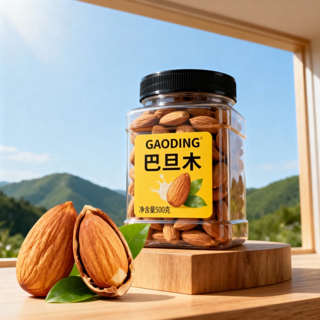 低角度仰视视角；主体是一罐方形500 克装的奶香巴旦木置于原木色展台上；罐子左前边依靠着 2 颗放大剥开的巴旦木（露出饱满果仁）并点缀新鲜绿叶；罐子是透明塑料材质配黑色旋盖，罐身贴有黄色标签，印有lo预览效果