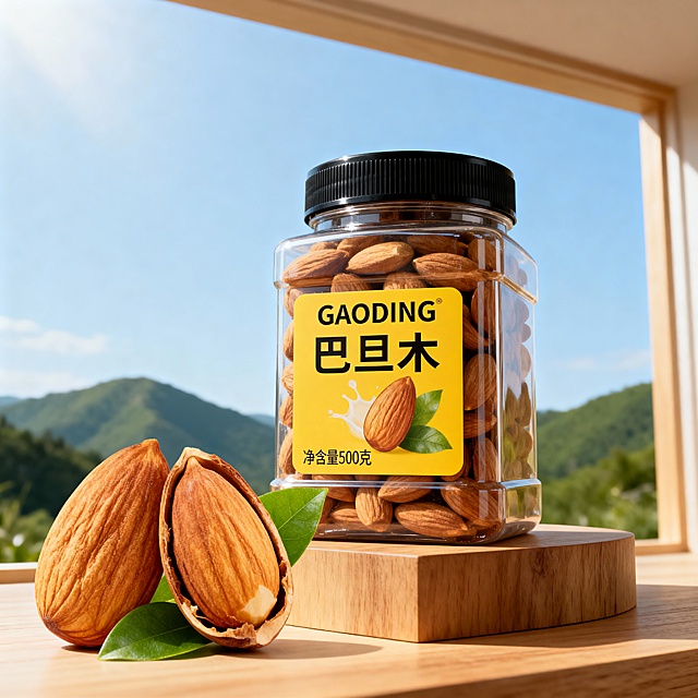 低角度仰视视角；主体是一罐方形500 克装的奶香巴旦木置于原木色展台上；罐子左前边依靠着 2 颗放大剥开的巴旦木（露出饱满果仁）并点缀新鲜绿叶；罐子是透明塑料材质配黑色旋盖，罐身贴有黄色标签，印有logo"GAODING“、“巴旦木”、“净含量500 克”；背景是淡蓝色天空和远处的绿色山峦的自然场景，光线明亮柔和，整体色调温暖治愈，突出坚果的酥脆质感和新鲜度