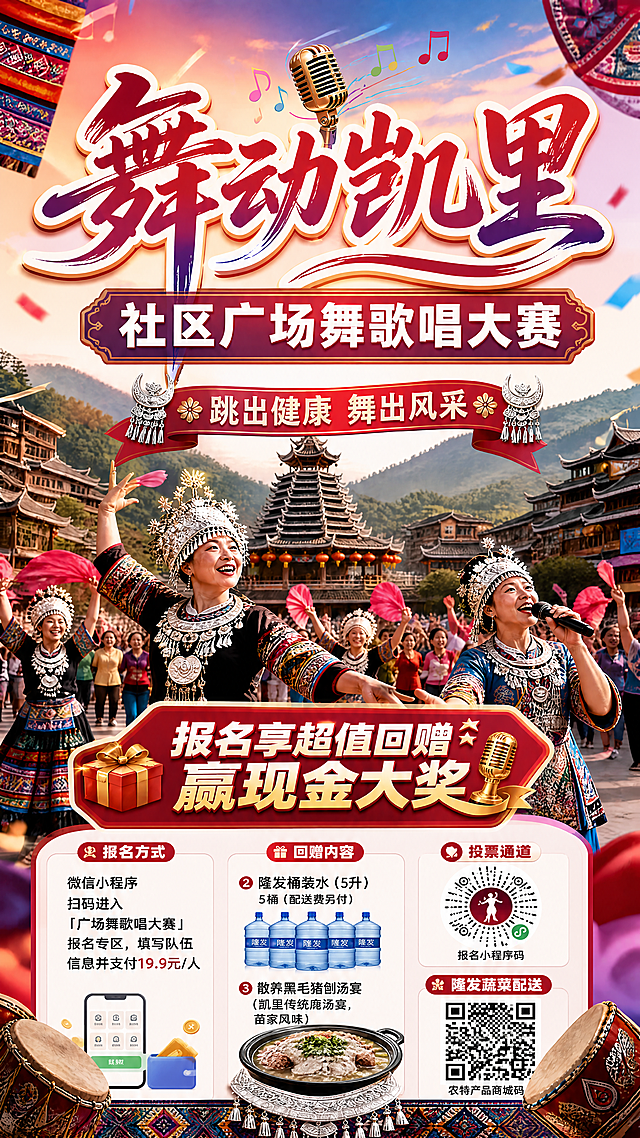 在原海报基础上进行图生图优化：保留主标题"舞动凯里"、副标题"社区广场舞歌唱大赛"、装饰文案"跳出健康 舞出风采"及卖点区"报名享超值回赠 赢现金大奖"；新增下方信息区，包含：1）报名方式：微信小程序扫码进入「广场舞歌唱大赛」报名专区，填写队伍信息并支付19.9元/人；2）回赠内容：②隆发桶装水（5升）5桶（配送费另付）；③散养黑毛猪刨汤宴（凯里传统庖汤宴，苗家风味）；3）底部并列两个二维码：左侧为「投票通道」报名小程序码，右侧为「隆发蔬菜配送」农特产品商城码。整体保持民族活力风格，文字清晰可读，不遮挡主体人物与核心标题，留白合理，排版精美。