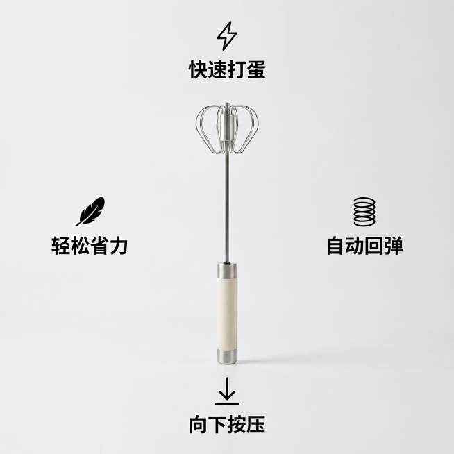 [主图 2] 半自动打蛋器核心卖点展示图
[氛围风格] 简单实用展示，干净通透家居风
[画质] 商业摄影质感，光线柔和通透，产品清晰真实，画面干净高级
[元素] 半自动打蛋器居中展示，产品周围环绕四个预览效果
