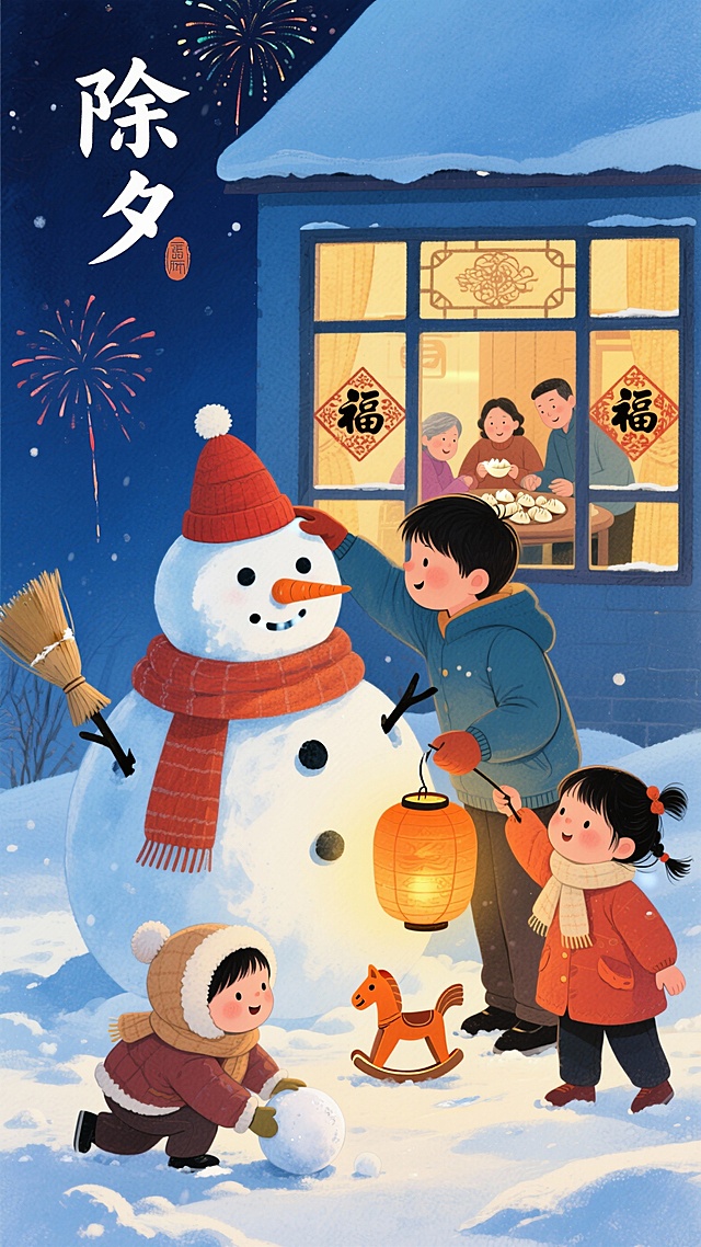 水彩风插画，拟人化雪人与孩童互动，温馨喜庆的除夕夜，窗内团圆包饺子，窗外烟花绽放，传递节日温暖。
