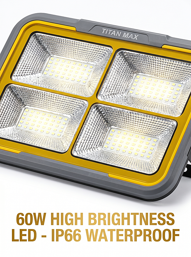 e-commerce detail page image, close-up shot of 60W high brightness LED lamp beads of TITAN MAX solar light, highlight the 4 grids of bright LED, IP66 waterproof, elegant technology style, clean background, English text "60W HIGH BRIGHTNESS LED - IP66 WATERPROOF", vertical 3:4 ratio