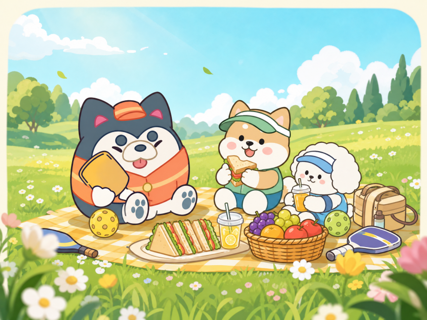横版文创明信片，哈士奇ip形象打完匹克球后在郊外草坪野餐，抱着匹克球拍和好友分享美食，阳光草地轻松惬意，二维手绘风格，现代商业插画，文艺生活化故事感，和匹克球运动相关，可落地印刷预览效果