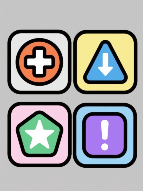 一套4个同风格系列素材集合，每个素材均为纯色背景上的单一抽象符号，保持原图的粗黑描边、圆润拐角、内部填充纯色的简约扁平风格，规整排布。第一个符号为橙色圆形中心带白色十字的医疗标识，背景为浅灰色；第二个符号为蓝色三角形内含白色向下箭头的方向指示标识，背景为淡黄色；第三个符号为绿色五边形边框内有白色星形的警示标识，背景为淡粉色；第四个符号为紫色正方形中心带白色感叹号的提示标识，背景为淡蓝色。所有符……预览效果