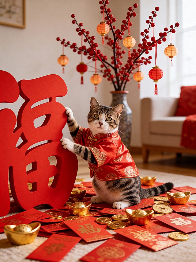 拟人化猫咪身着国潮风唐装，手扶剪纸“福”字，周围散落红包与金元宝，搭配鎏金灯笼与红梅枝，营造喜庆中式新年氛围。
