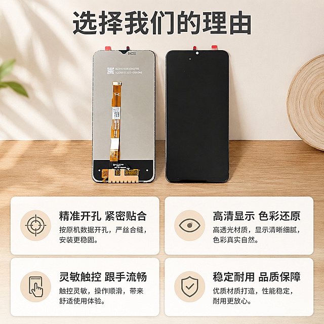 [主图-2] 选择这款屏幕总成的五大理由卖点展示
[氛围风格] 家居治愈风，简洁通透
[画质] 商业摄影质感、光线柔和通透、产品清晰真实、画面干净高级
[元素] 浅米白墙面+原木桌面做背景，产品主体屏幕总成放置在上半区域，下半区域使用2×2卡片网格布局展示四个核心卖点。每个卡片背景是极浅的暖灰色，文字左对齐；保持产品外观（物理结构、材质质感、颜色）与输入产品图绝对一致，杜绝任何变形和色差，精细化处理。画面层次分明，主体商品占比50%左右。
[光影] 均匀柔和的室内自然光，整体光影干净清透，每个卡片都有自然微弱阴影，不抢眼主体。
[配色] 主色调浅米白+原木暖棕，产品黑色，文字深灰，低饱和度配色舒适治愈
[视角构图] 俯视平铺拍摄，结构清晰，排版舒朗
[文字版式] 顶部主标题：选择我们的理由，深灰色粗体。四个卡片分别对应卖点：
1. 精准开孔 紧密贴合
2. 高清显示 色彩还原
3. 灵敏触控 跟手流畅
4. 稳定耐用 品质保障
每个卡片标题加粗，下方小字补充说明，文字大小对比清晰，不拥挤。
[输出要求] 1:1比例，文字清晰锐利，超高清商业摄影质感，width=2048 height=2048
[负向提示词] 变形，文字错乱，产品图模糊，背景杂乱，水印，电商平台Logo，赠品，送，寄修，维修，文字遮挡主体