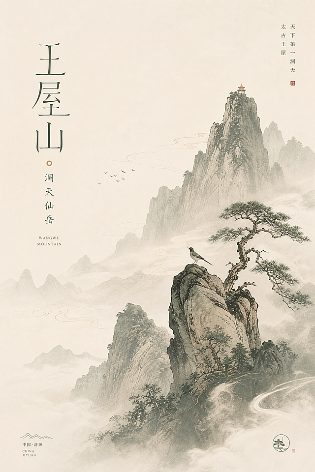 以王屋山仙山灵韵为核心主题，创作小众高级、极具艺术感的大师风格海报。延续极简东方禅意设计美学，以缥缈云海、浅墨层叠峰峦为素雅背景，聚焦山间灵禽栖石、古木盘虬、流云绕峰的自然意境，用细腻手绘线条+极简剪影结合的手法雕琢山石林木，留存太古山野气韵又不失高级质感。画面留白极致考究，版式采用不对称极简构图，视觉重心落于王屋主峰与古柏景致，凸显仙山空灵悠远的自然底蕴。主标题「王屋山·洞天仙岳」采用简约质感创意字体，笔画温润婉转贴合山林仙气，配色选用米白、烟墨灰、青竹绿低饱和色调，点缀少量土赭色小幅提亮，整体风格静谧清旷、小众独特，致敬现代极简设计大师，质感高级，氛围感拉满。