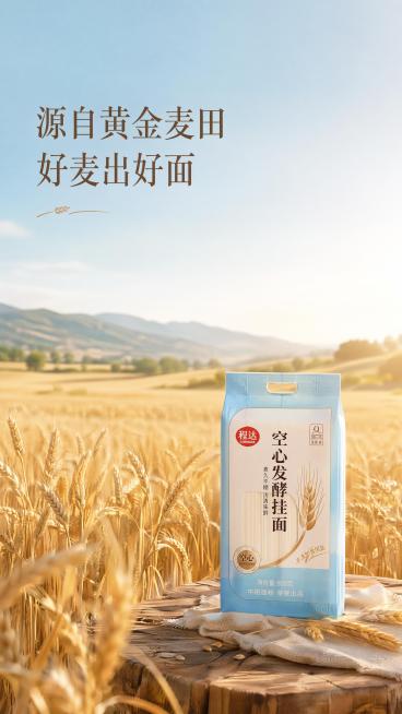 [第5屏] 原料溯源氛围感图，程达空心发酵挂面金黄麦田产地展示。
[氛围/风格] 田园治愈清晨氛围，低饱和度清新色调，食品溯源商业摄影质感，高清风景产品结合。
[元素布局] 远景是大片金黄成熟麦田，前预览效果