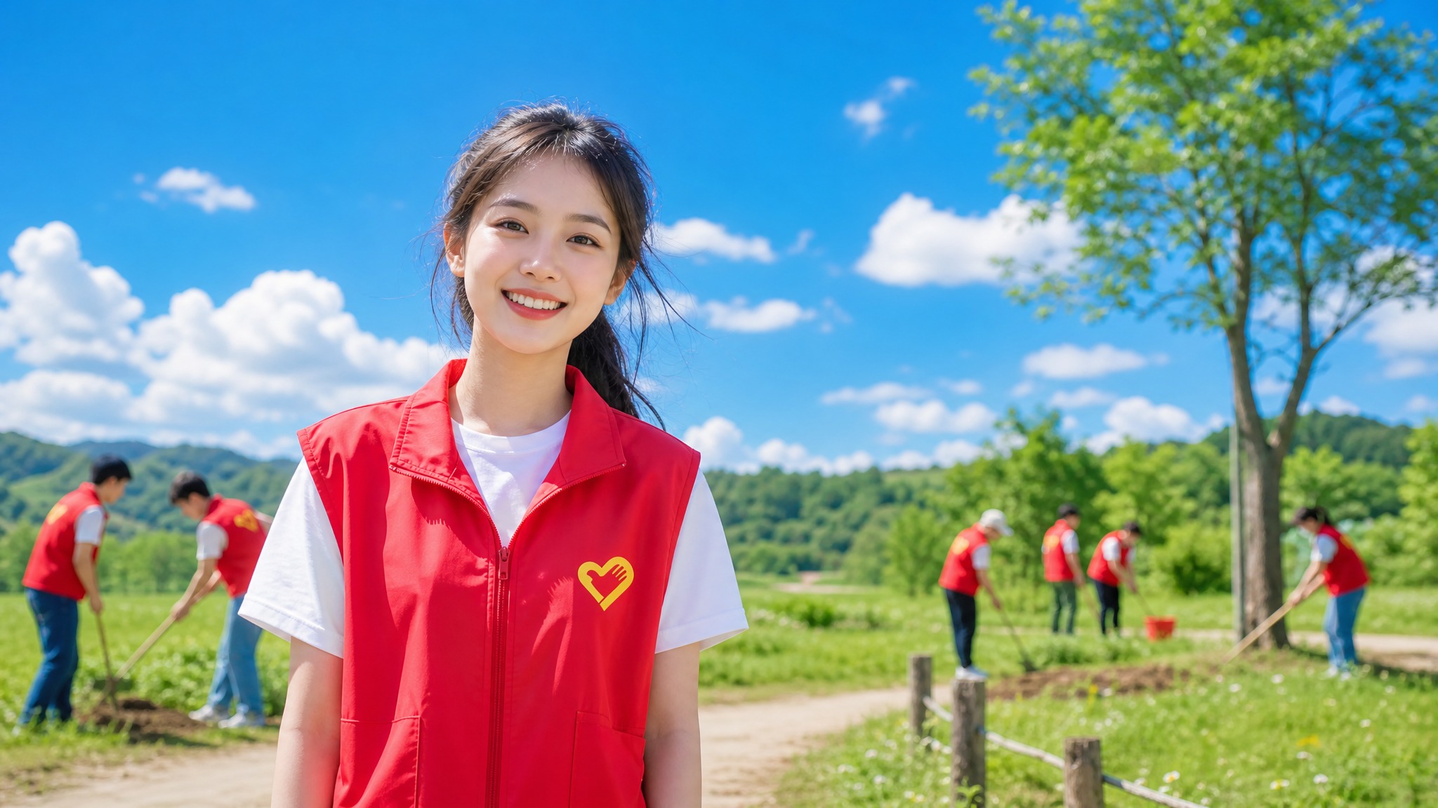 暑期实践PPT封面，画面中央有一个年轻女孩，穿着红色志愿马甲，… - 图片创意预览