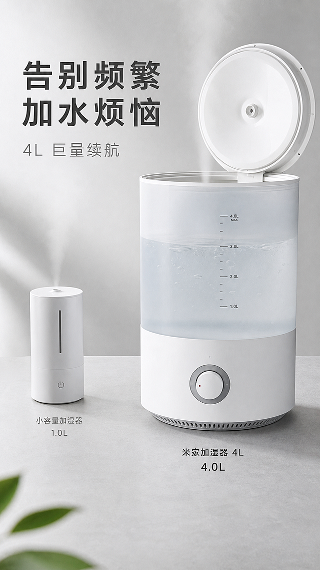 主文案"告别频繁加水烦恼"左对齐放大粗体，副文案"4L 巨量续航"在主文案下方纤细浅灰字体左对齐；展示加湿器水箱开盖特写，4L大容量水箱清晰，左侧放一个小容量加湿器做对比，浅灰简约桌面，自然光，横向左右对比构图；8K高清，水箱刻度清晰可见，产品细节干净，水雾柔和，色彩统一简约，实景生活化拍摄