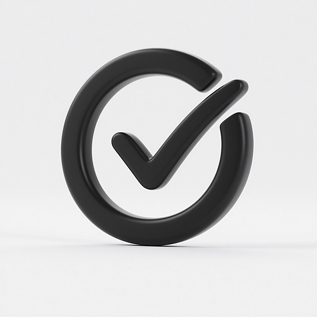 软3D风格图标设计，一个由黑色圆形轮廓和内部向右倾斜的黑色对勾组成的简洁符号，圆形线条流畅完整，对勾线条平滑自然且与圆形右下方边缘部分重叠，整体呈现出柔和的3D立体感，具有轻微的光影过渡效果，背景为纯白色，构图居中对称，视觉层级清晰，设计风格简约现代，传达出确认、完成的积极含义，无任何文字元素。