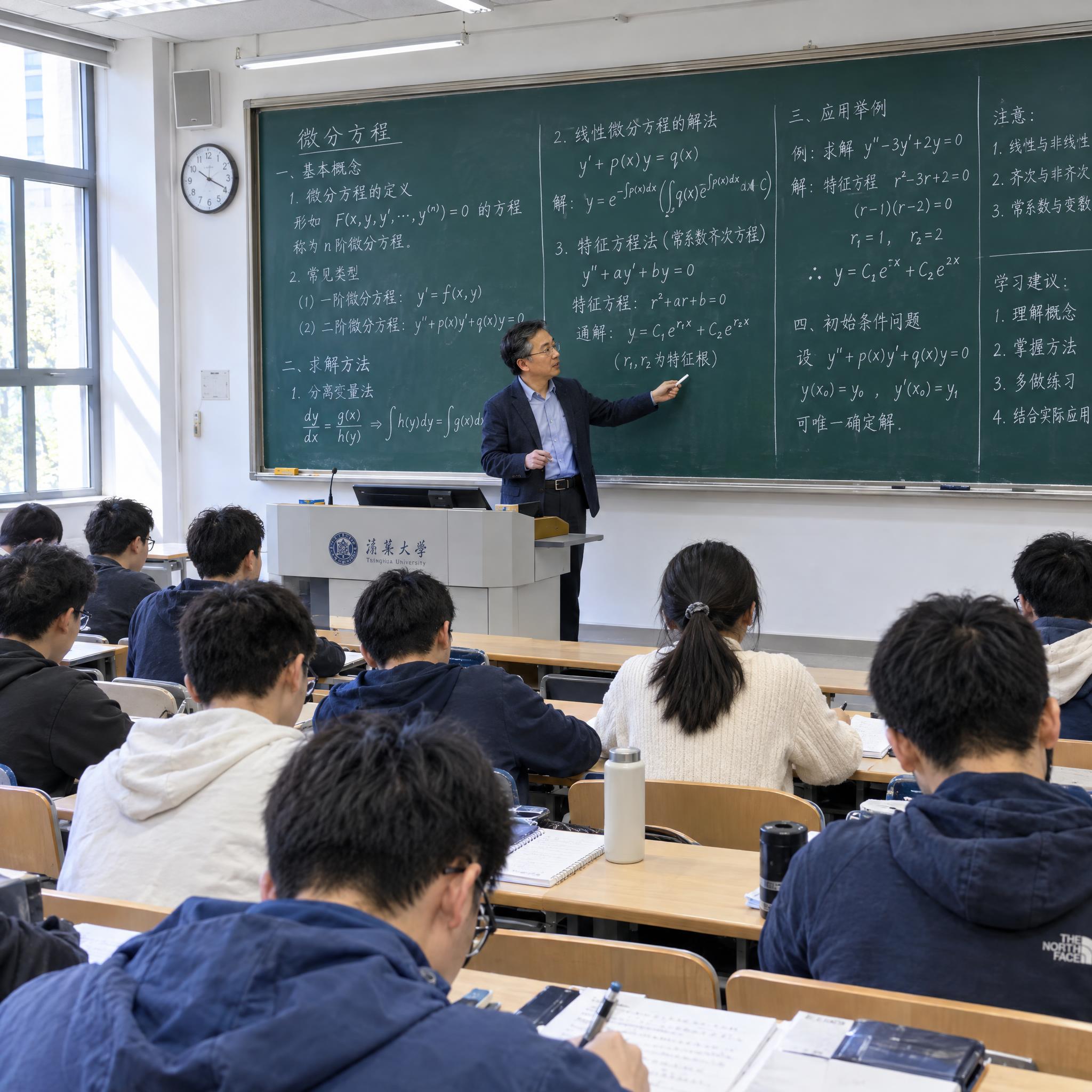 传统讲授教学模式，大学教室场景，一位中年男教师站在讲台上手持粉… - 图片创意预览