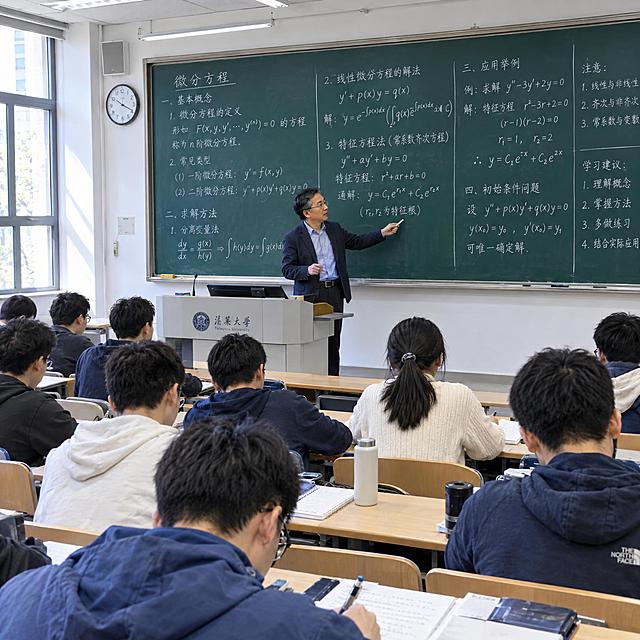 传统讲授教学模式，大学教室场景，一位中年男教师站在讲台上手持粉笔，面向台下学生讲课，黑板上写满了板书公式和文字，学生们坐在课桌前认真听讲记笔记，教室光线明亮，学术氛围浓厚，写实风格，高清细节