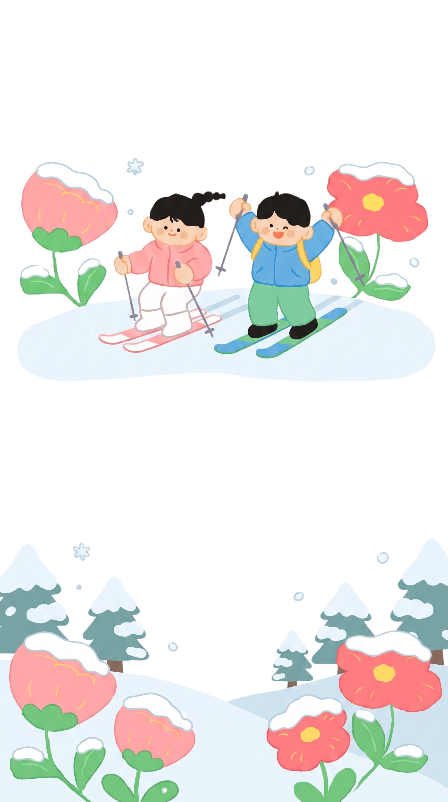 按照参考图的扁平简约手绘插画风格，绘制一男一女两个小孩正在滑雪… - 图片创意预览