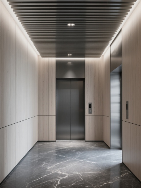 现代简约风格电梯厅，电梯门为深灰色金属材质，两侧配以浅色木饰面墙板，顶部是横向条纹金属吊顶并装有嵌入式筒灯，地面铺设带有自然纹理的深灰色大理石，整体色调以灰、木色为主，光线柔和营造出高级、静谧、简洁的氛围，光影过渡自然，墙面与地面材质质感细腻，线条利落，空间布局对称有序，具有强烈的现代设计感与空间层次感。预览效果