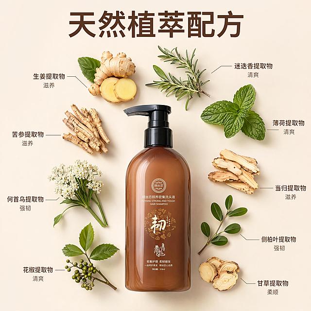 「图片1」，生成电商主图（5张），商品名称是颐丝恋颐养密集洗头液，卖点是密集护发，丝滑柔顺，清爽飘逸，持久净爽，柔韧健发，风格是清新风格，适配抖音平台，主图比例为1:1