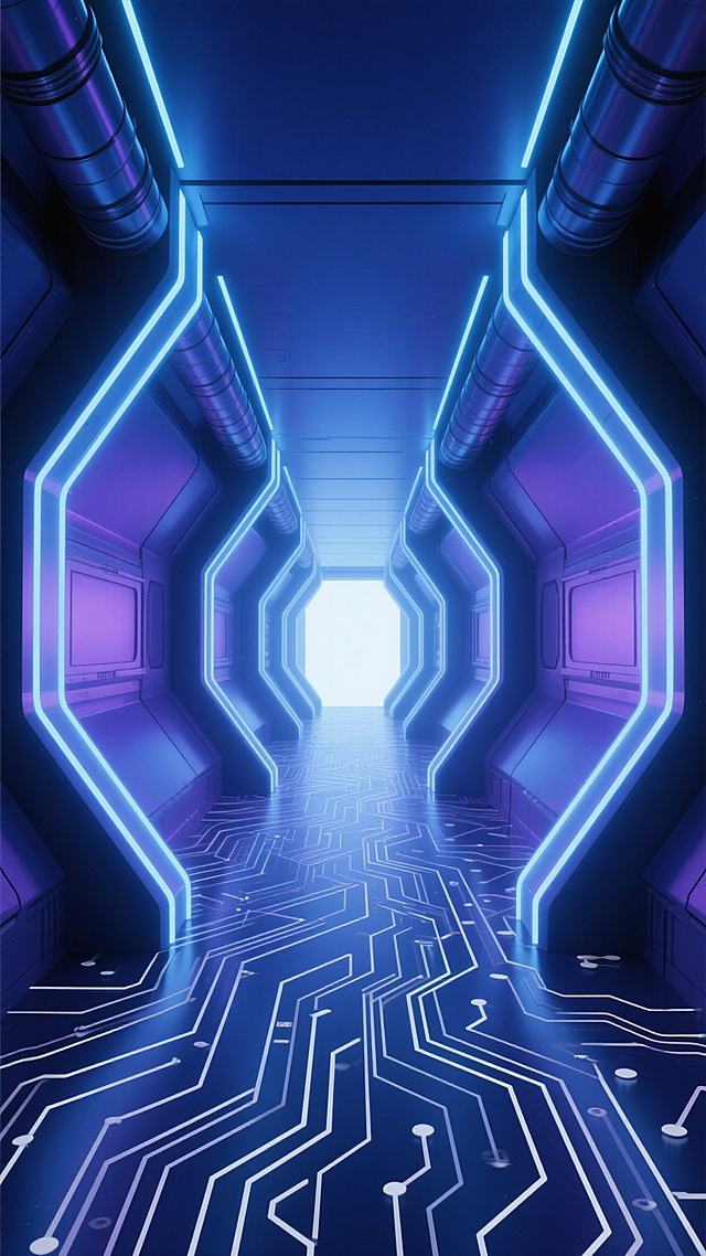 科幻风格的未来太空站走廊，深蓝色与紫色渐变主色调，顶部和两侧是发光的能量管道，地面布满复杂的白色电路板纹理线条，远处尽头是明亮的白色光源，营造出神秘而科技感十足的氛围，整体画面呈现出强烈的纵深感和动态的视觉引导线，光线柔和且带有轻微的光晕效果，空间广阔而深邃，充满未来主义的设计感。