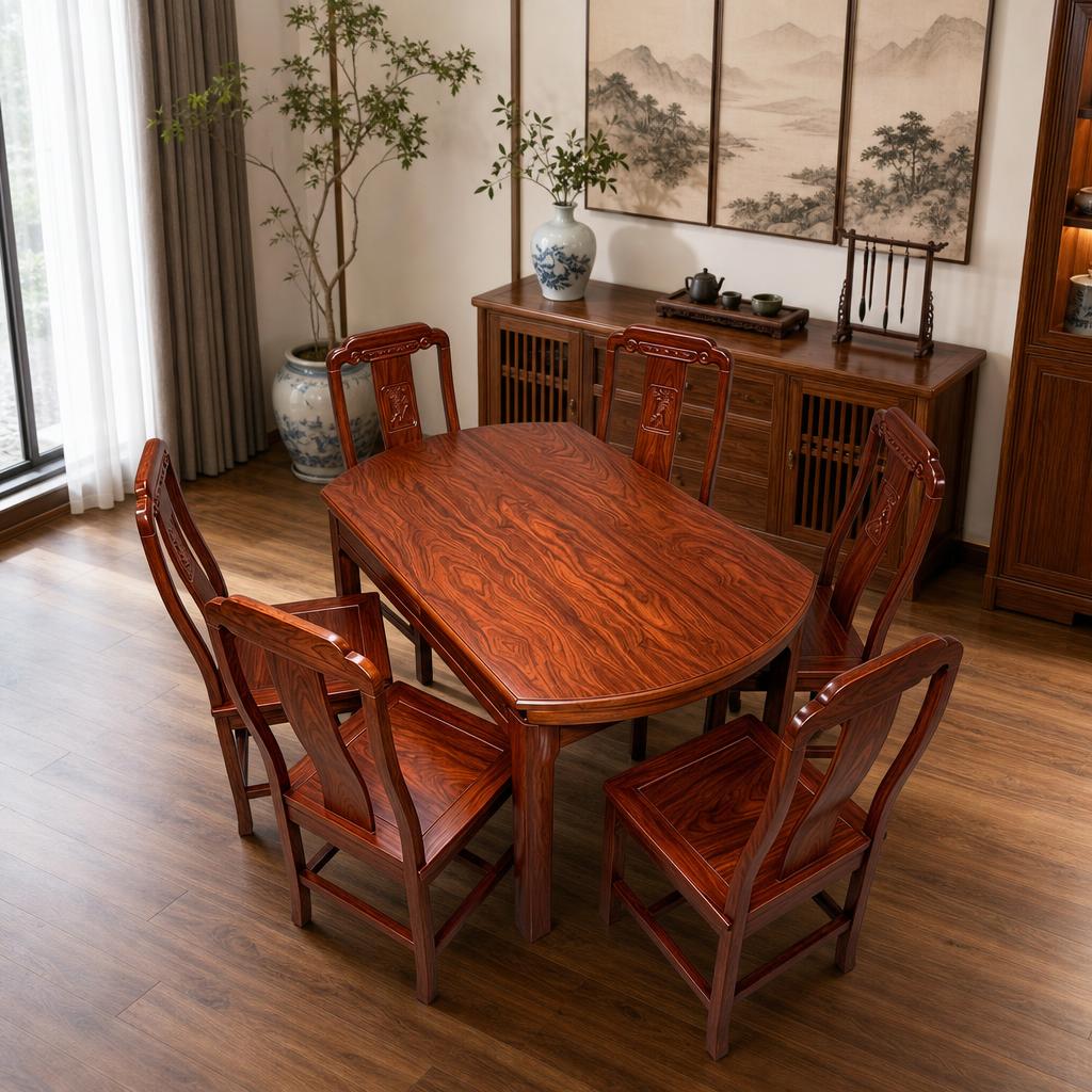为这套实木餐桌椅生成新中式风格的家居餐厅背景，保持家具主体不变… - 图片创意预览