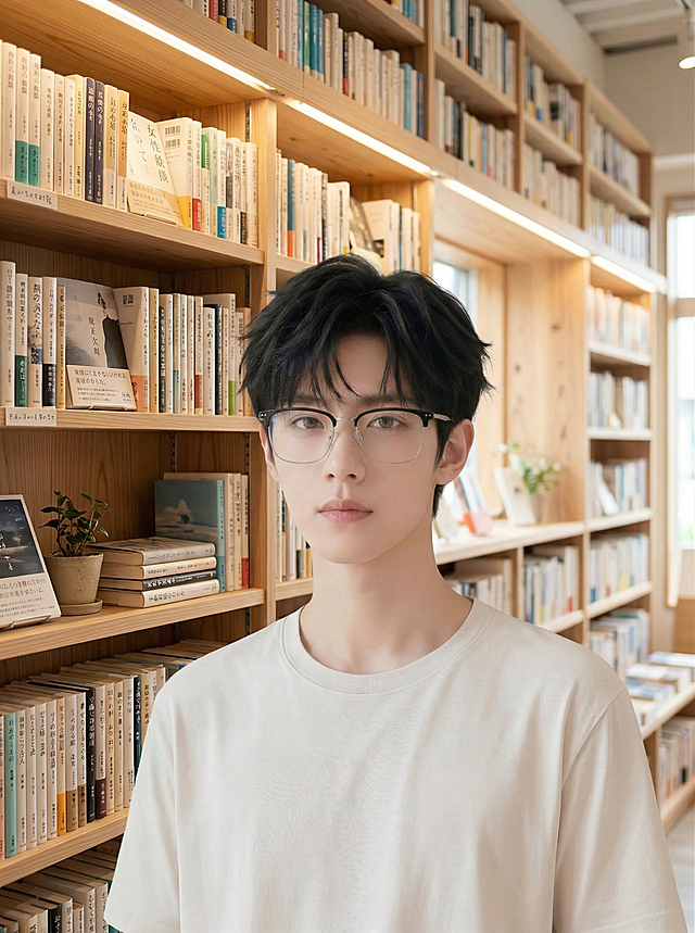 将背景替换为明亮清新的日系书店场景，身后是摆满书籍的原木书架，光线柔和温暖，人物保持不变，自然融入场景中，整体氛围治愈安静