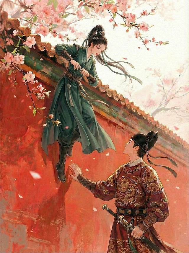 墙上的女子，趴在墙头，穿着青色的侠女的衣服，头发梳着竖冠马尾辫