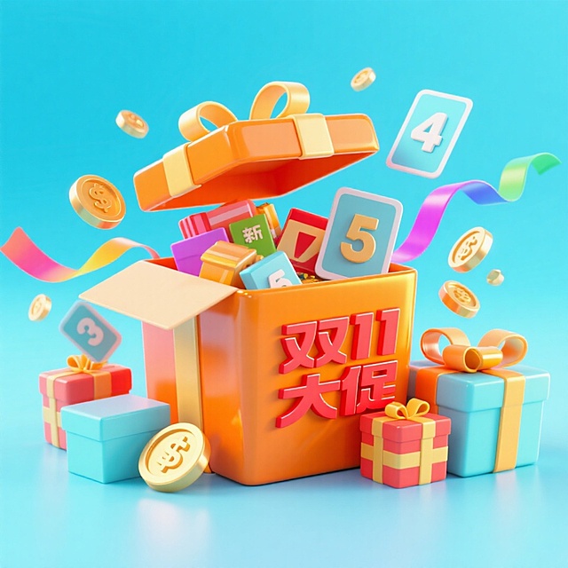 软3D风格的双11促销海报，卡通感十足，色彩鲜艳，礼物盒与金币飞溅，营造出喜庆膨胀的节日氛围，强化促销感与视觉冲击力。