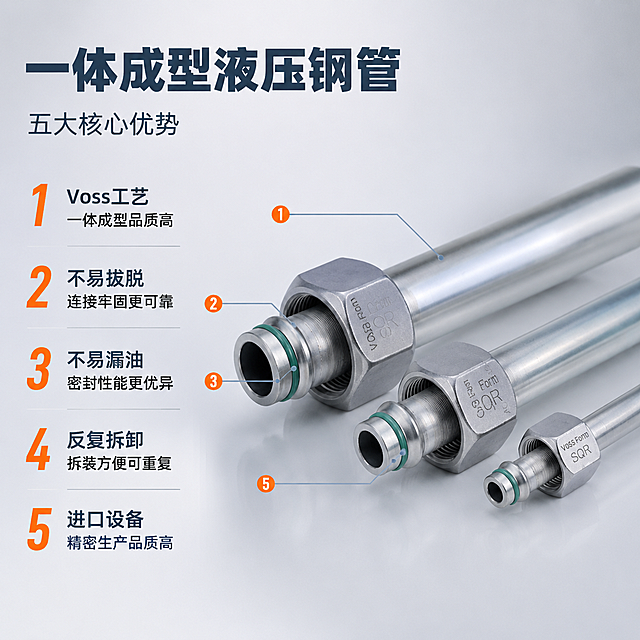 [主图-2 1:1] 一体成型液压钢管产品亮点图 五大核心优势编号卖点
[氛围风格] 工业冷灰金属质感 专业五金配件风 简洁规整 信息清晰易读
[画质] 商业摄影质感 光线硬朗通透 产品清晰真实 画面干净高级 金属反光干净
[元素] 三支不同规格的一体成型液压钢管SQR型偏右错落摆放 完整展示直头结构与卡套接头 碳钢镀锌表面光泽细腻 六角螺母上VOSS刻印清晰 绿色密封圈清晰 背景为浅灰色工业极简底色 左侧留出大面积负空间放置编号卖点列表 中间最大的钢管周围用细引线分别指向一体成型管身 Voss卡套接头 六角螺母 密封圈 端面等关键部位 对应左侧卖点编号 保持产品外观物理结构材质质感颜色与输入产品图一致 杜绝任何变形和色差 各钢管形状比例完全一致 商品主体占比约50% 画面满屏无边框
[光影] 左上主光硬朗打亮金属管身高光 右侧柔化辅光 底部轻微反光提亮 金属表面高光清晰 暗部有层次 整体干净利落
[配色] 主色碳钢镀锌银灰 辅色深灰蓝工业蓝 编号数字用橙色强调
[视角构图] 平视视角 产品在右视觉重心偏右 左侧信息区引导阅读 景深中等 背景纯净
[文字版式] 左上部主标题一体成型液压钢管 深灰蓝色大号粗体无衬线 下方副标题五大核心优势 小号同色 左侧竖排1至5编号卖点 每条两行 上大下小 编号用橙色粗体大号 卖点文字深灰 1Voss工艺 一体成型品质高 2不易拔脱 连接牢固更可靠 3不易漏油 密封性能更优异 4反复拆卸 拆装方便可重复 5进口设备 精密生产品质高 右侧产品旁用细引线与对应编号小圆圈连接 字体现代无衬线 清晰可读
[输出要求] 1:1比例 文字清晰锐利 超高清商业摄影质感
[负向提示词] 变形 文字错乱 产品图模糊 背景杂乱 水印 电商平台Logo 多余的手 多余的手指 畸形手