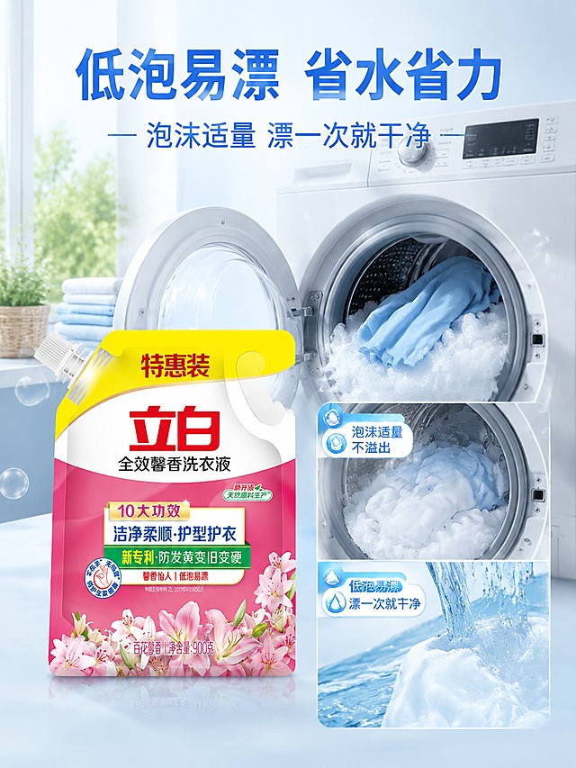 [第4屏] 使用演示页，展示立白全效馨香洗衣液低泡易漂的特点。
[氛围/风格] 真实生活化场景，清新干净，自然通透。
[元素布局] 上半部分展示洗衣机洗衣过程，泡泡轻柔丰富不溢出，下半部分展示漂洗后清水清澈，【图1】商品主体放置在画面左侧，占比约30%，保持商品外观与原图一致；右侧展示漂洗过程，画面层次分明。
[光影质感] 明亮自然光，洗衣场景真实自然，泡沫通透不浑浊。
[配色色系] 全局底色 #F2F8FC，主色浅蓝色清水泡泡，商品粉白，辅助色浅灰洗衣机。
[视角构图] 左右布局，左侧商品右侧过程演示，动线清晰。
[文字版式] 顶部标题「低泡易漂 省水省力」，下方标注「泡沫适量 漂一次就干净」，文字简洁不遮挡主体，适合手机阅读。
[比例分辨率] 3:4 纵向比例，4K分辨率，文字清晰可辨，高清画质。
[负向提示词] 泡沫浑浊夸张，商品变形，背景杂乱，文字错乱