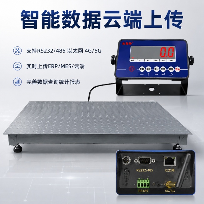 [主图-3] 数据传输功能细节展示
[氛围风格] 科技智能工业风
[画质] 清晰锐利商业摄影，细节纹理丰富
[元素] 保持电子地磅秤整体外观一致，主画面展示地磅秤+蓝色显示仪表，右下角增加一个画中画放预览效果