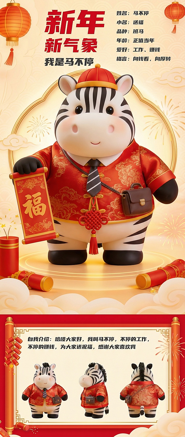 软3D风格的拟人化斑马“马不停”，身着国潮风唐装，手持“福”字卷轴，融合喜庆红金配色与卡通萌感，传递新年吉祥祝福。