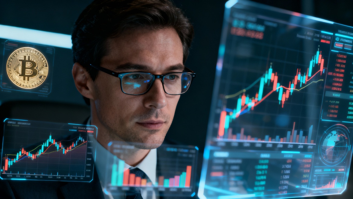 Financial analyst wearing glasses, focused expression, transparent hologram market data floating aro预览效果