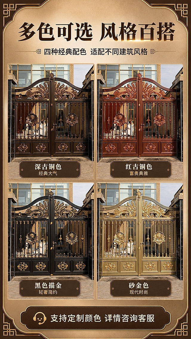 [商品] 使用【图1】徽府护卫铝艺庭院大门；保留大门结构与雕花造型，分别呈现4种不同颜色版本：深古铜色（原图色）、红古铜色、黑色描金、砂金色。
[画面] 目标：多色可选展示，帮助用户选型。构图：顶部标题区（占15%），中部4个颜色版本大门呈2x2矩阵排列（占70%），每格下方标注颜色名称，底部定制提示（占15%）。阅读动线从上到下，从左到右。
[视觉] 套系策略：风格=高端新中式轻奢建材商业摄影；标题字=粗宋黑体（厚重有力）；正文字=思源黑体；主色=深古铜棕；背景延展=基于深古铜棕做深浅层级、暖金渐变和金属质感纹理；强调色=暖金色，仅用于小面积图标、引线和标签；标题色=深古铜棕；正文色=深暖灰；组件=圆角深棕信息卡、细金线引线、中式回纹装饰元素；光影=右前侧暖金色自然光，金属雕花高光清晰。
[文字] 顶部主标题「多色可选 风格百搭」（8字），副标题「四种经典配色 适配不同建筑风格」（14字）。4个颜色标签：「深古铜色」经典大气、「红古铜色」富贵典雅、「黑色描金」轻奢简约、「砂金色」现代时尚。底部：「支持定制颜色 详情咨询客服」。
[规格] 图片比例9:16竖版，4K分辨率，负向提示：避免变形、错字、文字过小、冷蓝背景、大门结构改变、颜色失真。