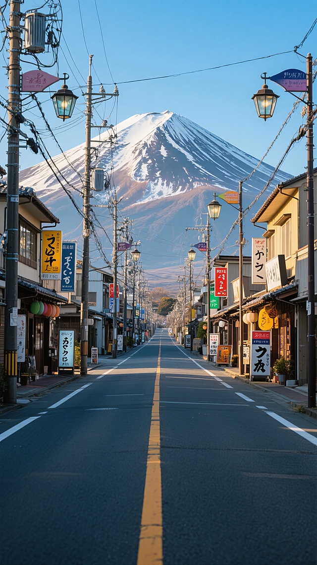 超写实高清大师摄影，日本乡村小镇街道全景，沥青道路中央黄色虚线清晰，两侧日式传统与现代商铺交错，五彩招牌夺目，复古玻璃灯罩电线杆林立，交错电线如网，远处巍峨富士山雪顶深褐，湛蓝天空下宁静祥和，经典消失点透视引向富士山，色彩鲜明饱和，建筑细节与路面纹理尽显日本小镇风情与自然融合。