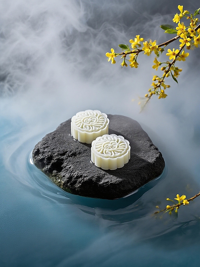 东方美学，两块冰皮月饼（表面有一层冰）放在深灰粗岩上，四周弥漫着浓郁的低悬干冰烟雾，桂花枝装饰画面。深灰粗岩置清透幽蓝冰面，光影交错，寒意冰爽清新氛围。