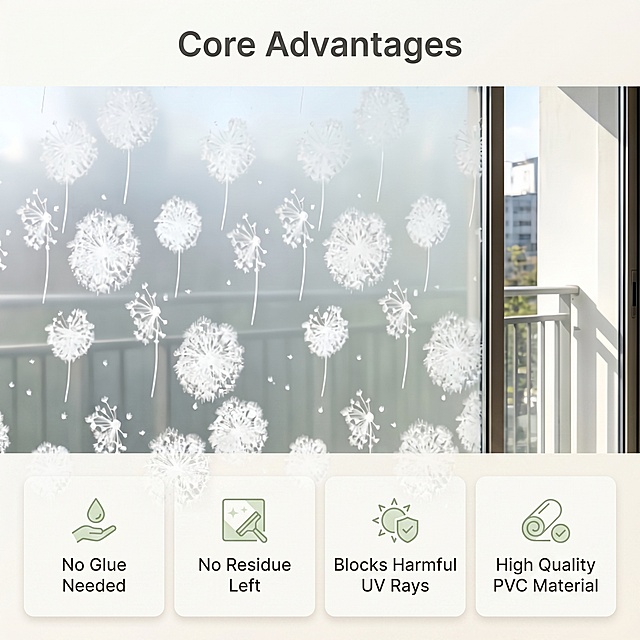 [主图 3] Core functional selling points display of electrostatic frosted glass window film. [Atmosphere style] warm comfortable healing home style, clean professional. [Quality] Commercial photography texture, soft light, clear picture, high level. [Elements] Four functional points are displayed in four cards with icons, arranged horizontally at the bottom, and the product effect picture is on the top. Keep the product dandelion pattern and frosted foggy texture consistent with the input image. The four selling points correspond to: 1 No glue needed 2 No residue left 3 Blocks harmful UV rays 4 High quality PVC material. Use simple English labels with small icons for each selling point. Background is warm off-white, the picture is full screen without borders. [Lighting] Soft uniform indoor natural light, comfortable light and shadow, no hard shadows. [Color matching] Main color warm off-white, text dark gray, icon light green, simple and clean. [Perspective composition] Flat lay composition, the product effect area accounts for 60% of the upper part, the functional card area accounts for 40% of the bottom, clear hierarchy. [Text layout] All text in English, clear levels, main title at the top "Core Advantages", each selling point has icon + short text, text clear and easy to read, text does not block the product subject. [Proportion resolution] 1:1 ratio, 2K resolution, super clear. [Negative prompt] deformation, watermark, text confusion, blurred image, messy background, Chinese characters, extra decorations.