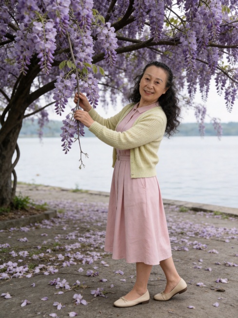生成中年女性春日打卡主题写真，仅保留参考图1人物脸型、年龄等特征，忽略参考图配饰，电影叙事故事感，胶片颗粒质感，自然清灰冷调，故事感浓郁；真实自然中老年皮肤纹理，自然面部皱纹，自然蓬松黑色卷发；侧身站预览效果