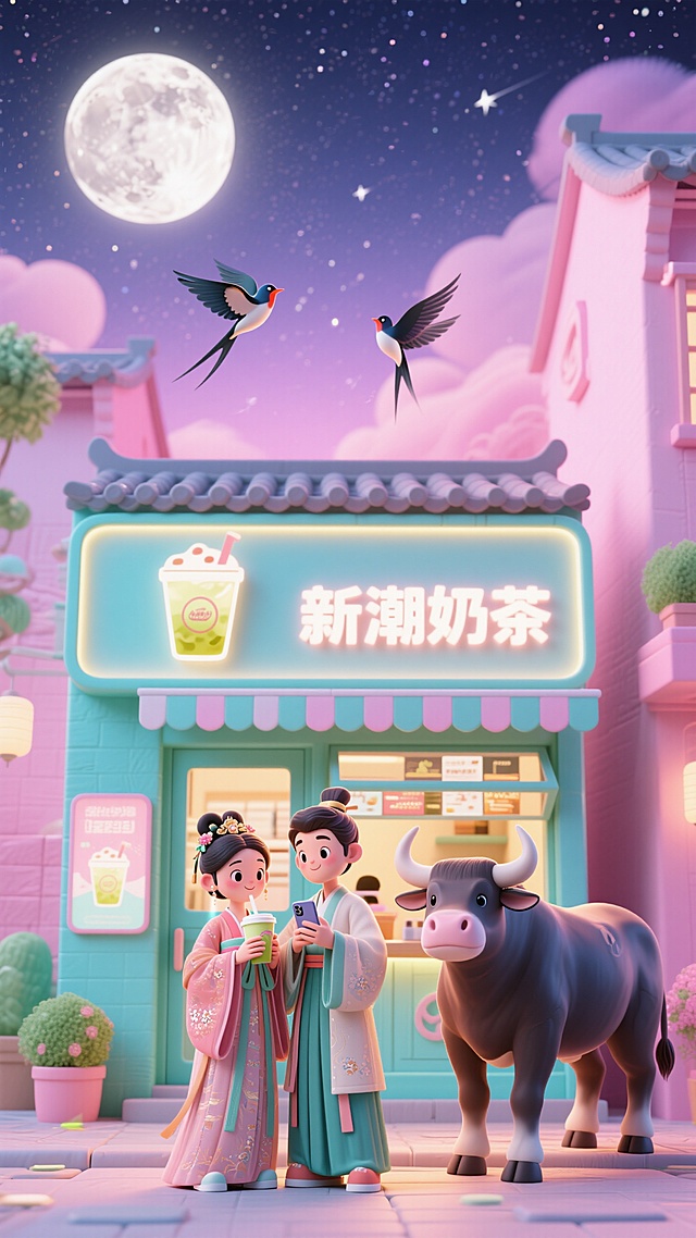 奶茶店门口，一对古装情侣在喝奶茶，刷手机，人物大眼睛，旁边有一头牛，浪漫感浅粉色星空，月亮悬挂空中，远处两只喜鹊飞过