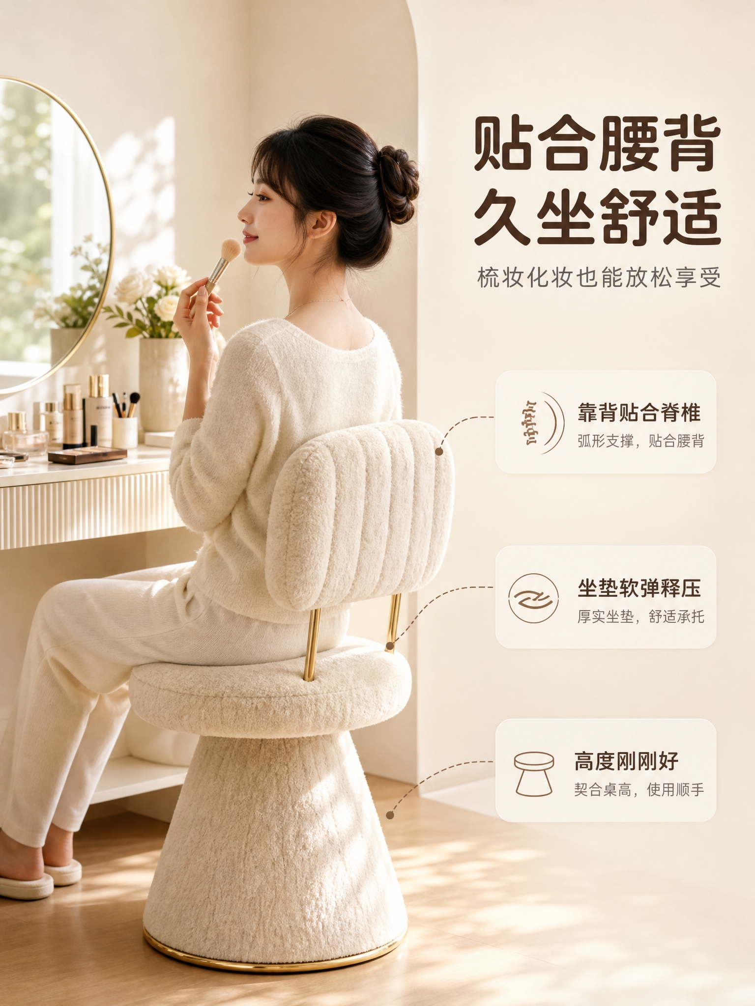 [商品] 使用【图1】米色毛绒梳妆椅；保留圆形竖纹靠背、圆形坐… - 图片创意预览