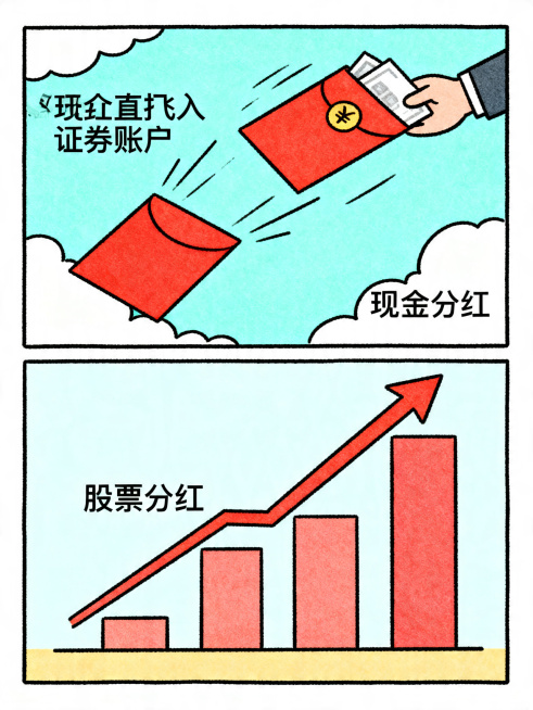 上下分屏漫画，上屏画现金红包直接飞入证券账户，标注文字"现金分红"；下屏画股票数量增加，标注文字"股票分红"，画面直观清晰，线条简洁明快，色彩清新，手绘风格预览效果