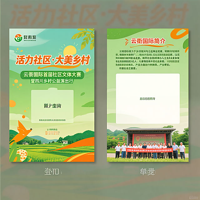 设计正反两面DM宣传单，正面：大标题 "活力社区·大美乡村"，副标题 "云衢国际首届社区文体大赛暨四川乡村公益演出行"，风格活力阳光，乡村公益主题，暖绿色调。留出空间用于插入后续活动照片。反面：标题 "云衢国际简介"，正文内容："云衢国际致力于乡村振兴与公益事业发展，深耕乡村游推广、助农产品帮扶、社区文体活动运营，以实际行动助力城乡融合发展，组织社会各界爱心人士及企业参与走访独居留守老人，儿童等经济不发达家庭，组织社会力量进行物资，产业帮扶。传递社会正能量。" 反面预留一块大的空白区域用于插入活动照片。整体排版整洁清晰，适合印刷，暖绿色和活力橙的配色，突出乡村公益活力的主题。