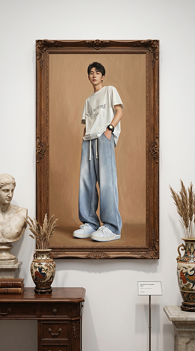 古典写实油画，场景为白色展厅前面有古典摆设，油画框内是年轻帅气的东亚男生，穿白色短袖T恤和浅蓝色直筒牛仔裤参考图https://gdesign-dam-hz.dancf.com/36223384708958349/ab9cc86915f14fedbc640eb120c8263f.png，搭配厚底小白鞋，男生双手插兜站立，浅棕色纯色背景，木框装裱，高清细腻，油画质感