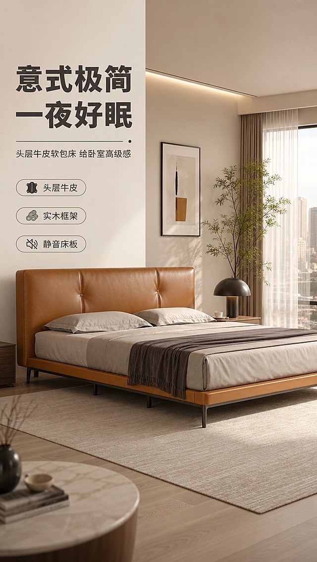 [商品] 使用【图1】意式极简头层牛皮软包实木床；保留床头软包造型、床体比例、碳黑五金脚、低床架结构、焦糖棕牛皮颜色、实木框架质感；商品处理：保留整体结构与材质，自然理顺皮革纹理，增强头层牛皮光泽与缝线细节，强化五金脚金属质感，不改变版型和结构。
[画面] 目标：整屋卧室生活方式头图，展示产品全貌与高级意式极简风格；构图：左文右景，左侧约1/3竖列文案区，右侧大场景卧室+床主体；主体占画面约60%，床位于画面中右侧，45°侧视角度；前中后景：前景地毯+边几一角，中景床+床头柜+台灯，后景落地窗+纱帘+城市光影；场景：现代轻奢主卧，暖调午后自然光从右侧落地窗洒入，慵懒高级居家氛围，搭配简约装饰画、绿植、陶瓷花瓶软装。
[视觉] 套系策略：风格=意式极简轻奢商业摄影；标题字=现代无衬线粗体（思源黑体Heavy）；正文字=简洁无衬线体（思源黑体Regular）；主色=焦糖棕+暖米灰；背景延展=基于暖米灰做深浅层级、同色渐变和细腻哑光质感；强调色=碳黑色，仅用于小面积图标、引线、标签和五金呼应；标题色=深炭灰；正文色=中暖灰；组件=圆角浅底信息卡、细线引线、胶囊形卖点框；光影=右前侧暖柔光，柔和阴影，高级氛围感。
[文字] 左侧竖列文案区：主标题「意式极简 一夜好眠」（8字），副标题「头层牛皮软包床 给卧室高级感」（14字），下方3条亮点胶囊框「头层牛皮」「实木框架」「静音床板」，底部系列角标「ITALIAN MINIMAL · 真皮床系列」；文字不遮挡床主体与床头软包。
[规格] 图片比例9:16竖版，分辨率4K，淘宝/天猫详情页适配，中文文案；负向提示：避免变形、错字、文字过小、冷蓝/蓝灰背景、床颜色改变、结构失真、极限词、二维码、水印。