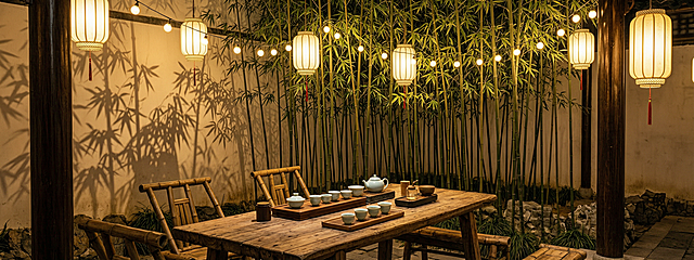 生成一张中式夜晚小酒馆庭院背景图，竹林竹影投射在墙面，悬挂灯笼，木桌摆放茶具，串灯暖黄灯光，氛围闲适安逸，整体暖调风格，不要和参考图布局一致