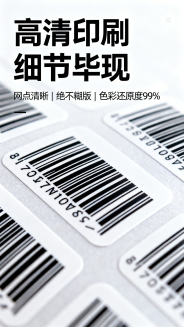 淘宝详情页，微距特写拍摄不干胶标签的文字细节，展示线条锐利无毛边，墨色均匀饱满。主标题大字体写着"高清印刷 细节毕现"，下方卖点文字写着"网点清晰 | 绝不糊版 | 色彩还原度99%"，画面清晰锐利，预览效果